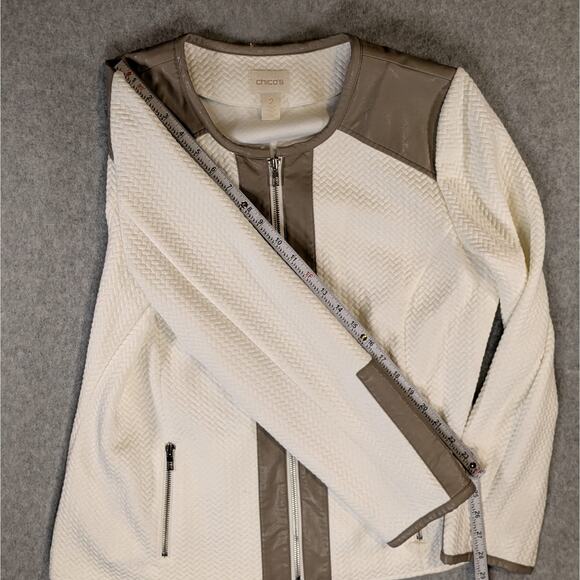 Chico’s Women L Ivory Brown Quilted Moto Jacket Faux Leather Zip Flawed - Picture 11 of 16